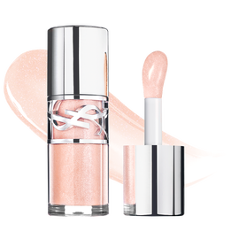 YSL LOVESHINE Plumping Gloss in 'Stardust Love' shade 10, with applicator and a shimmering texture swatch.