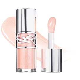 YSL LOVESHINE Plumping Gloss in 'Stardust Love' shade 10, with applicator and a shimmering texture swatch.