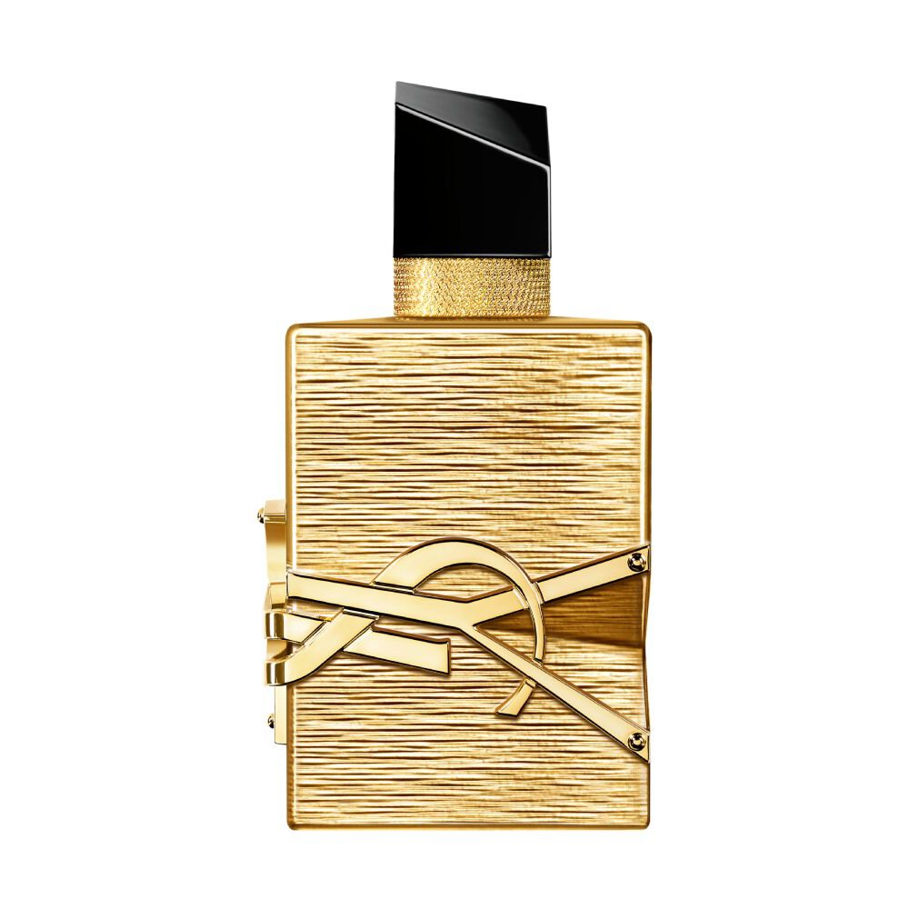 Libre Eau de Parfum Vanille Couture in a luxurious gold-textured bottle with the YSL Beauty logo embedded and a black cap.