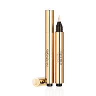 YSL Touche Eclat Radiant Touch in gold pen applicator, open with product on brush, cap beside it.