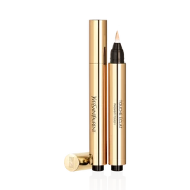 YSL Touche Eclat Radiant Touch in gold pen applicator, open with product on brush, cap beside it.
