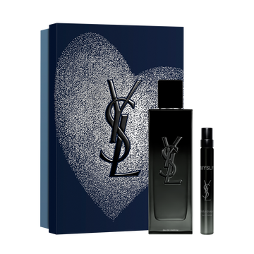 YSL MYSLF Eau de Parfum 100ml  and 10ml set, with a dark blue heart-patterned gift box.