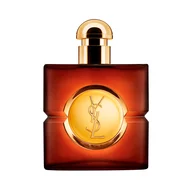 YSL Opium Eau de Parfum square glass bottle with a round gold cap and a central gold circular logo displaying the golden fragrance liquid inside.