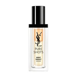 Pure Shots Night Reboot Serum in a clear bottle with a black cap, featuring the YSL logo.