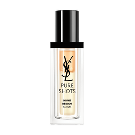 Pure Shots Night Reboot Serum in a clear bottle with a black cap, featuring the YSL logo.