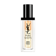 Pure Shots Night Reboot Serum in a clear bottle with a black cap, featuring the YSL logo.