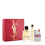 YSL Libre and Loveshine Candy Glaze Spring Set with gift box, Libre Eau de Parfum 50 ml, 10 ml travel spray and Loveshine Candy Glaze shade 15 on a white background.