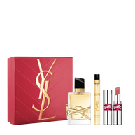 YSL Libre and Loveshine Candy Glaze Spring Set with gift box, Libre Eau de Parfum 50 ml, 10 ml travel spray and Loveshine Candy Glaze shade 15 on a white background.