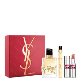 YSL Libre and Loveshine Candy Glaze Spring Set with gift box, Libre Eau de Parfum 50 ml, 10 ml travel spray and Loveshine Candy Glaze shade 15 on a white background.