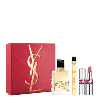 YSL Libre and Loveshine Candy Glaze Spring Set with gift box, Libre Eau de Parfum 50 ml, 10 ml travel spray and Loveshine Candy Glaze shade 15 on a white background.