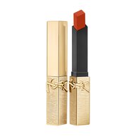 Rouge Pur Couture The Slim Matte Lipstick Collector in shade 1936, gold-toned with textured gold finish, shown open and closed.