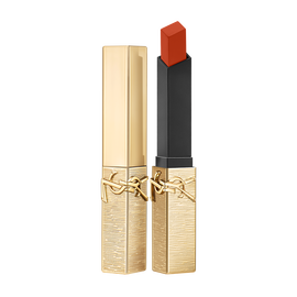 Rouge Pur Couture The Slim Matte Lipstick Collector in shade 1936, gold-toned with textured gold finish, shown open and closed.