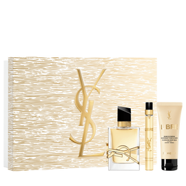 Holiday Gift Set in gold tones, closed; in front are Libre eau de parfum 50ml & 10ml and LIBRE Body Balm 50ml.