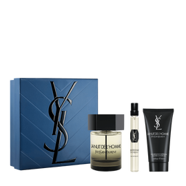 YSL La Nuit de L’Homme Routine Spring Set with blue gift box, La Nuit de L’Homme Eau de Toilette 100 ml, travel spray 10 ml and shower gel 50 ml on a white background.
