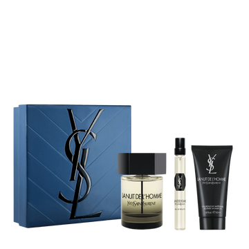 YSL La Nuit de L’Homme Routine Spring Set with blue gift box, La Nuit de L’Homme Eau de Toilette 100 ml, travel spray 10 ml and shower gel 50 ml on a white background.