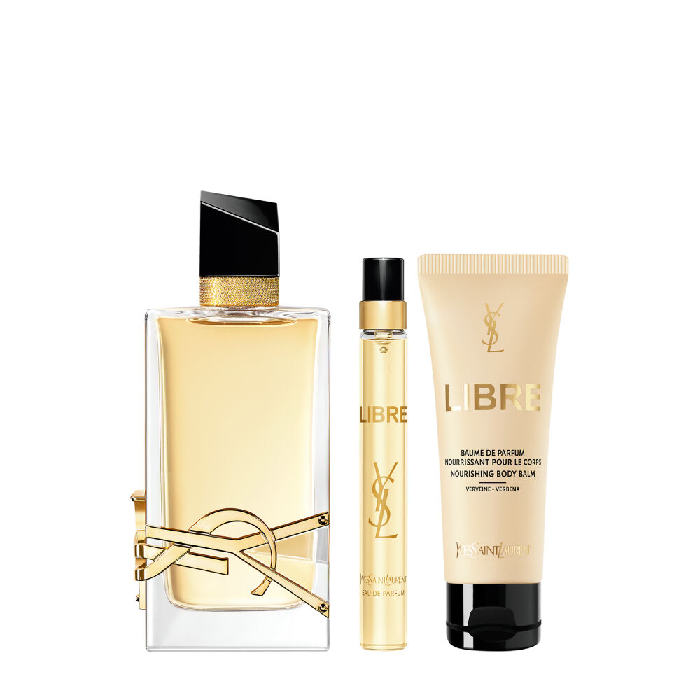 YSL Libre EDP 90ml, 10ml, and 50ml body cream, close-up.