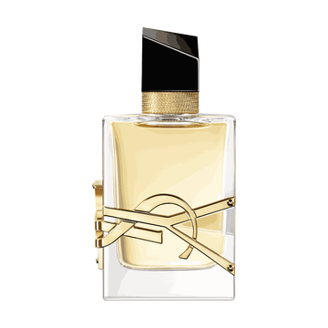 Libre Eau de Parfum bottle with gold accents, YSL Beauty logo embedded and black cap.