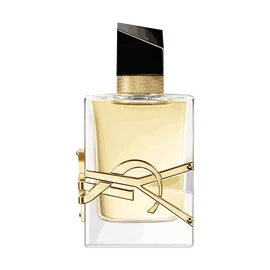 Libre Eau de Parfum bottle with gold accents, YSL Beauty logo embedded and black cap on a white background.