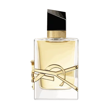 Libre Eau de Parfum bottle with gold accents, YSL Beauty logo embedded and black cap on a white background.