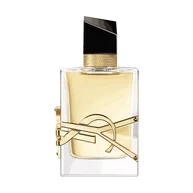 Libre Eau de Parfum bottle with gold accents, YSL Beauty logo embedded and black cap on a white background.