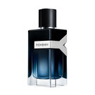 Y Eau de Parfum bottle with a dark blue to clear gradient, featuring the YSL logo.