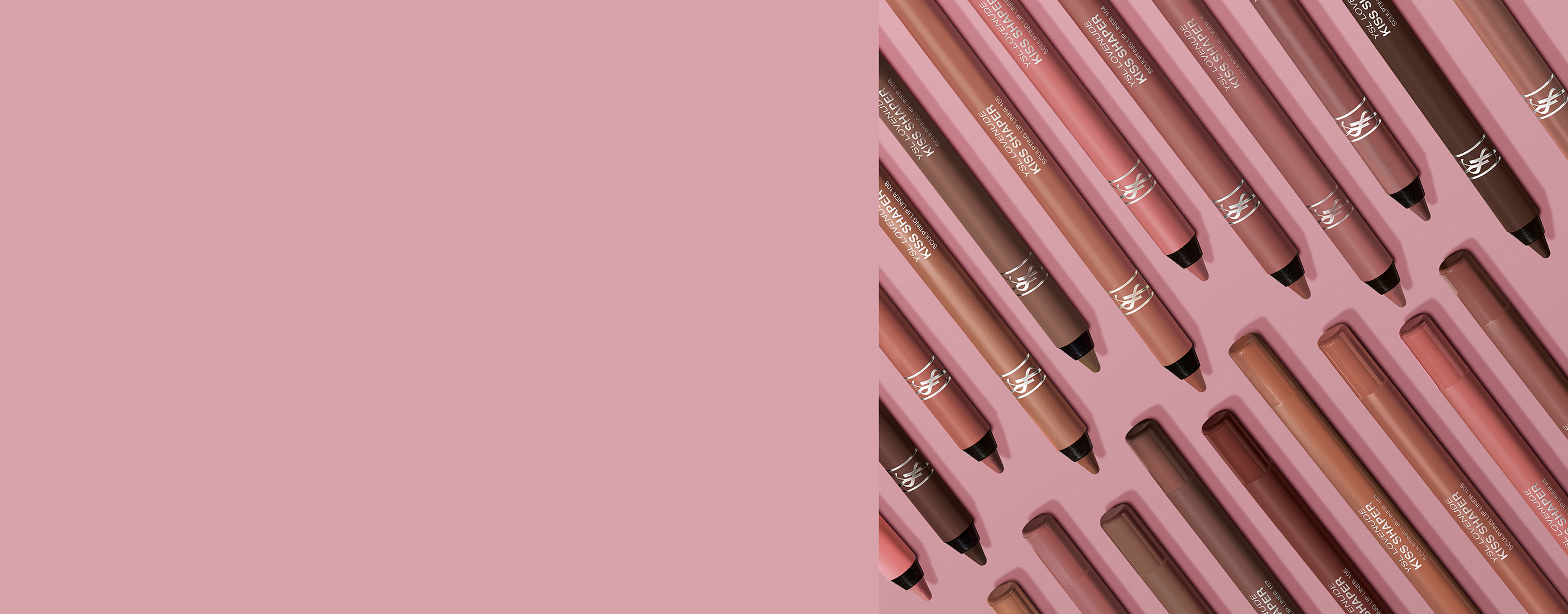 YSL LOVENUDE KISS SHAPER lip liners arranged in pale pink packaging pattern.