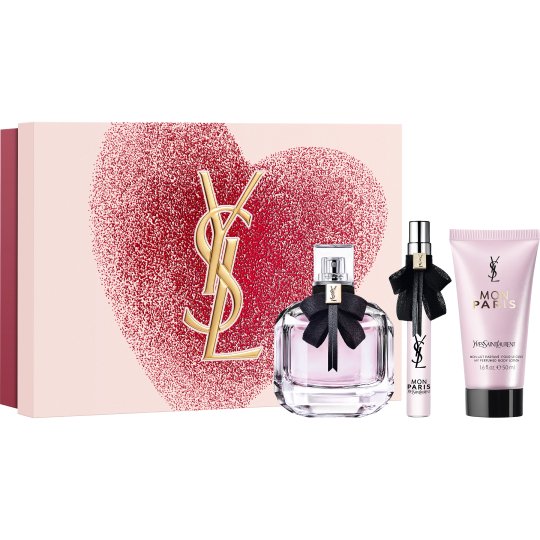 YSL Mon Paris Eau de parfum 90ml, 10ml, and 50ml
body lotion, with a red glitter heart background.