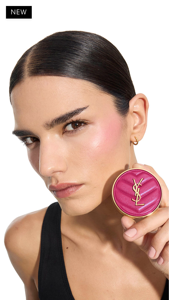 Iman, medium skin, holding a fuchsia YSL Make Me Blush Powder
Blush in shade 66, showcasing vibrant blush on her cheek.