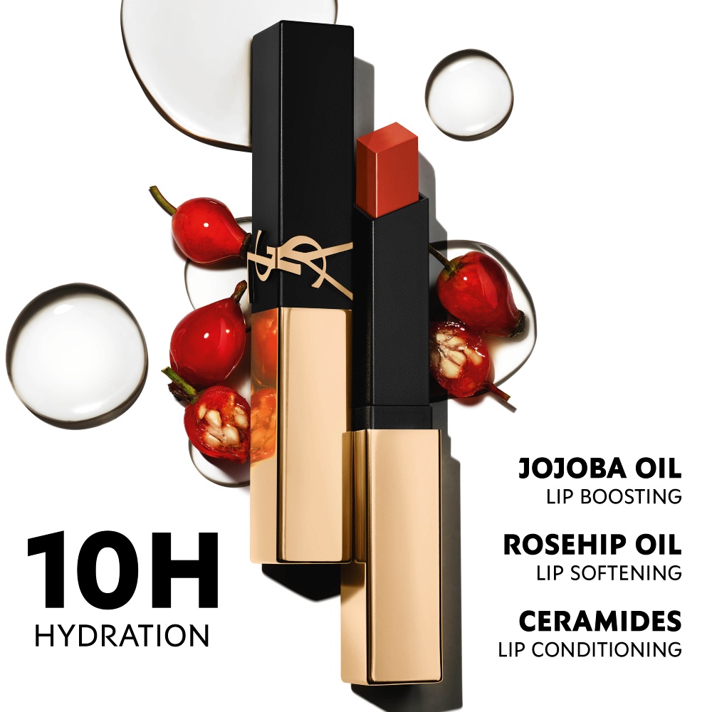 YSL Rouge Pur Couture The Slim in shade 1966, with ingredients Jojoba Oil, Rosehip Oil, and Ceramides for 10H hydration.