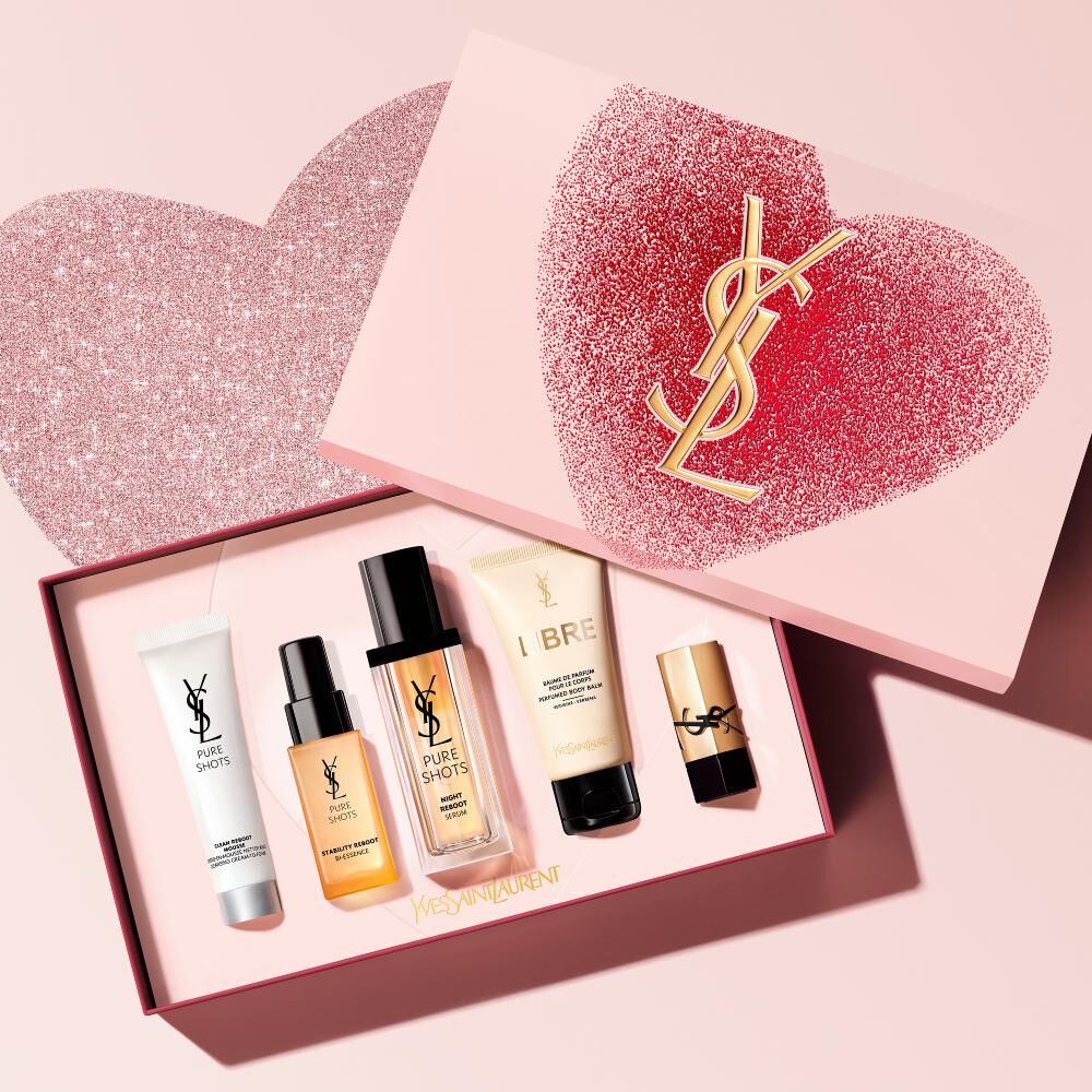 YSL Pure Shots skincare set in a heart- shaped box, featuring a cleanser, serum, LIBRE body balm and a mini RPC