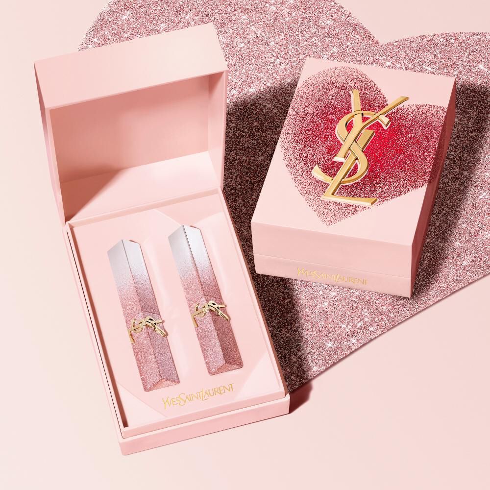 YSL Rouge Pur Couture The Slim Lipsticks in shades 1988 and 1936, in a pink heart-shaped gift box.