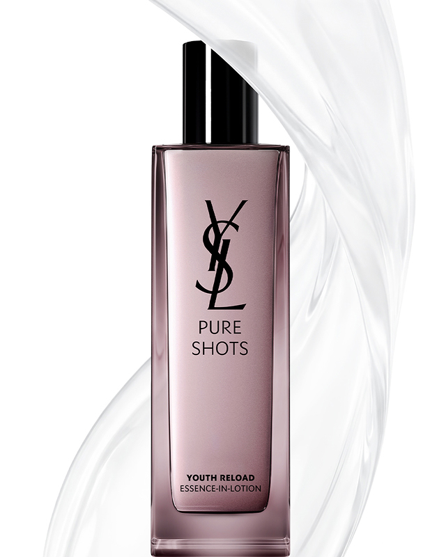 YSL Beauty Pure Shots Youth Reload Essence-in-Lotion bottle, surrounded by a clear, dynamic swirl of its texture.