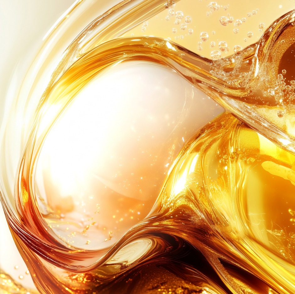 YSL Pure Shots Eye Reboot Cream ingredient spotlight: abstract golden liquid with bubbles, representing Caffeine Vitamin Complex.