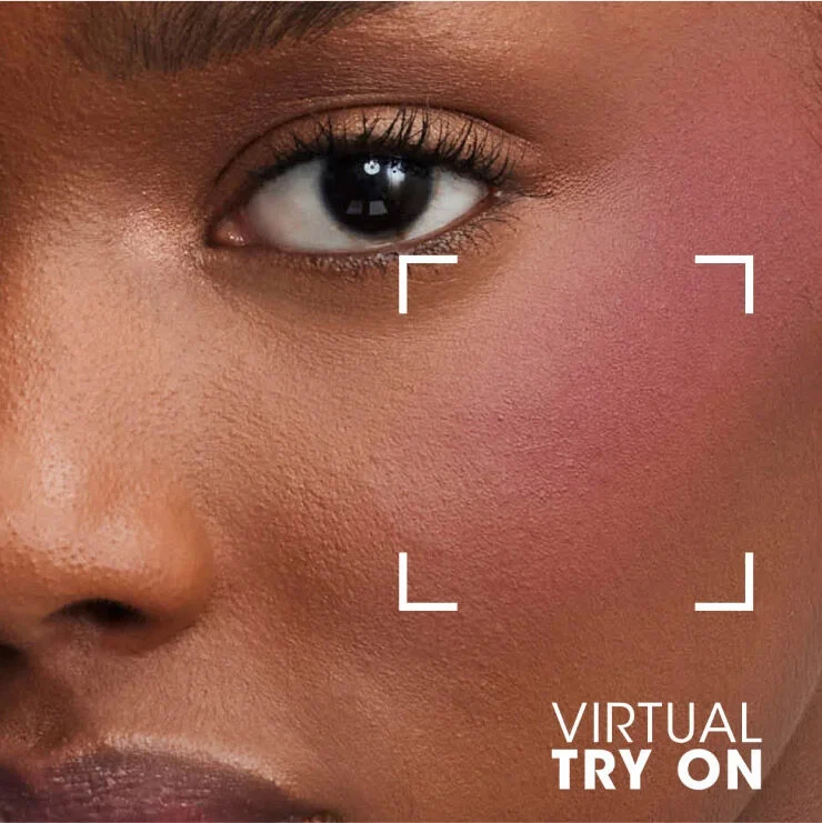 Close-up of a model's face with blush, featuring white corner markers and 'VIRTUAL TRY ON' text.
