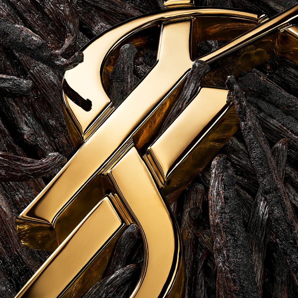 YSL Beauty logo in gold, surrounded by rich vanilla pods on a textured background.
