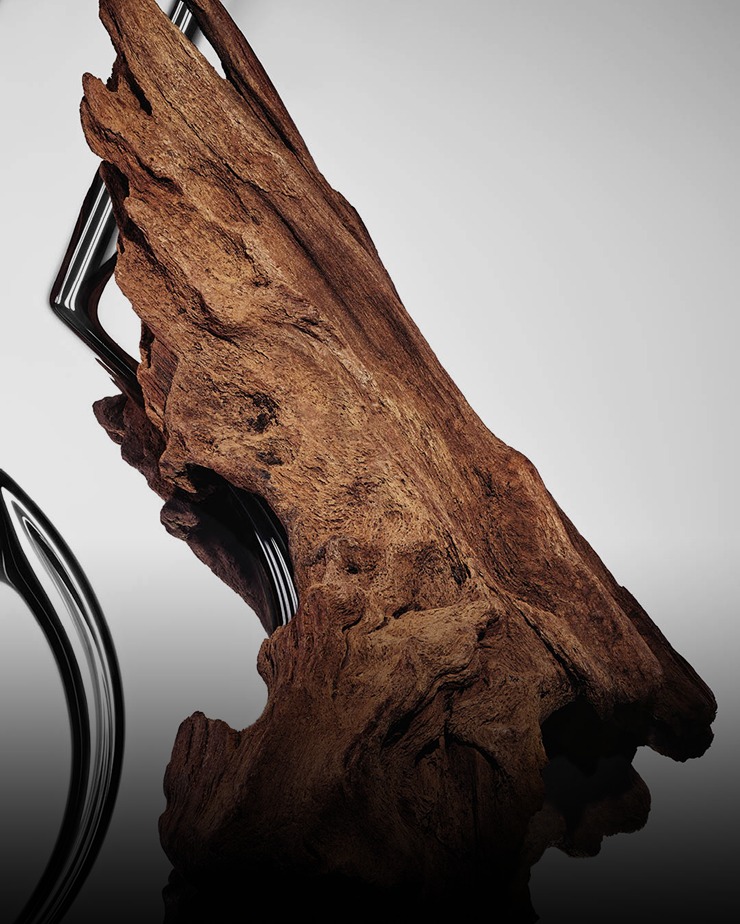 Textured warm sensual woods on a reflective YSL Cassandre background.