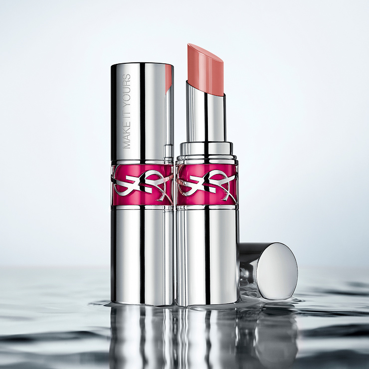 YSL LOVESHINE lipstick packshot with silver tube and Cassandre logo.