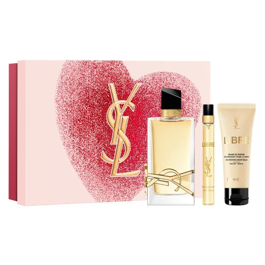 YSL LIBRE Eau de parfum 50ml, 10ml, and a lip-shaped mirror, with a red glitter heart background gift set.