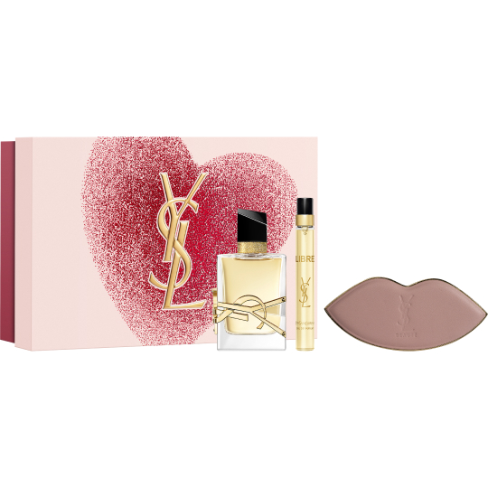 YSL LIBRE Eau de parfum 50ml, 10ml, and a lip-shaped mirror, with a red glitter heart background gift set.