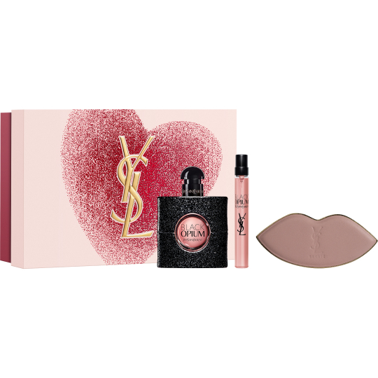 YSL Black Opium Eau de parfum 50ml, 10ml, and a lip-shaped mirror, with a red glitter heart background gift set.