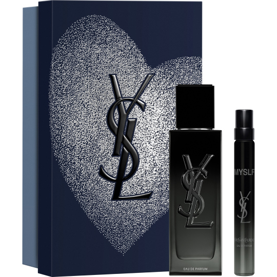 YSL MYSLF Eau de Parfum 40ml and 10ml set, with a dark blue heart-patterned gift box.