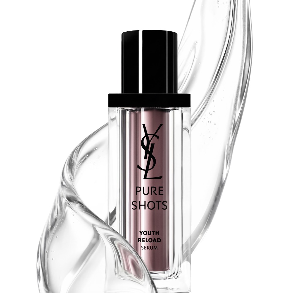 YSL Beauty Pure Shots Youth Reload Serum bottle, surrounded by a clear, dynamic swirl of its luxurious texture.