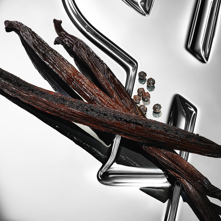 Sensual velvety vanilla pods and black pepper grains on a reflective YSL Cassandre background