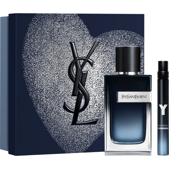 YSL Y Eau de Parfum 100ml and 10ml set, with a dark blue heart-patterned gift box.