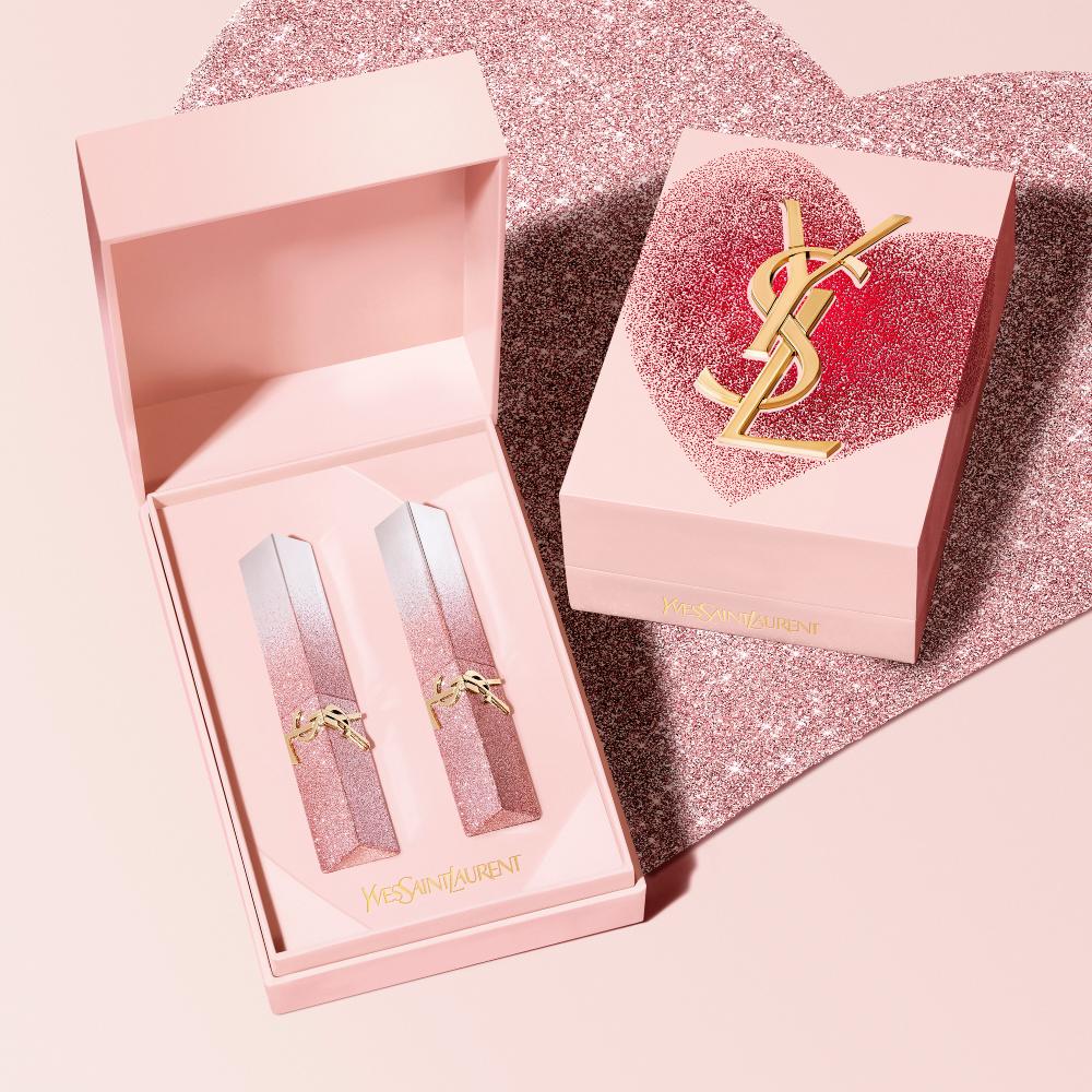 YSL Rouge Pur Couture The Slim Lipsticks in shades 1988 and 1936, in a pink heart-shaped gift box.
