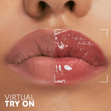 A split image of lips, showing a virtual try-on with a glossy, rosy lip color on one side and a natural shade on the other, with 'VIRTUAL TRY ON' text.