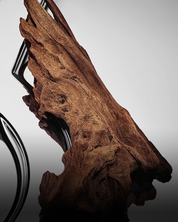 A detailed view of a large piece of textured, brown wood bark.