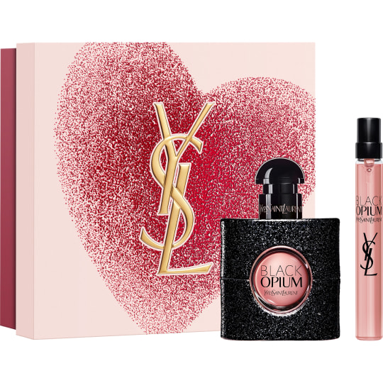 YSL Black Opium Eau de parfum 30ml and 10ml set,
with a red glitter heart background gift set.