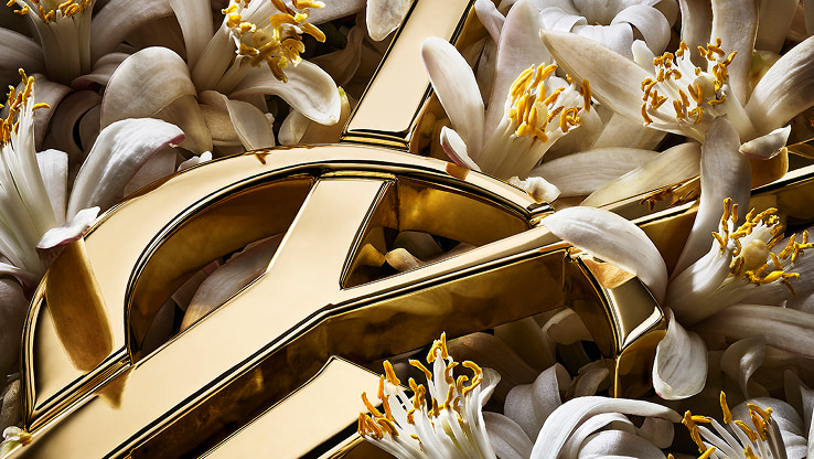YSL LIBRE gold Cassandre logo surrounded by
delicate white orange blossoms, emphasizing the
floral notes.