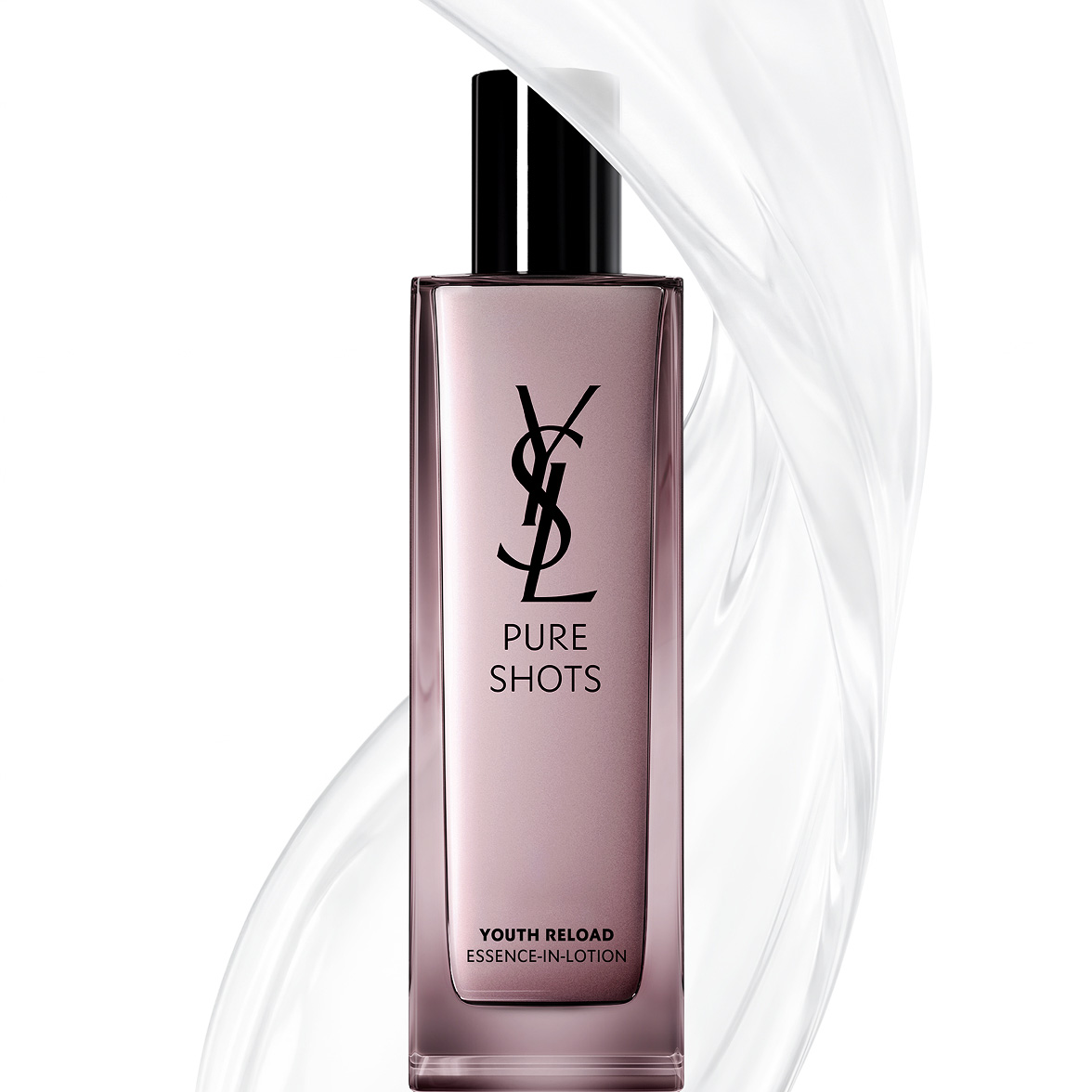 YSL Beauty Pure Shots Youth Reload Essence-in-Lotion bottle, surrounded by a clear, dynamic swirl of its texture.